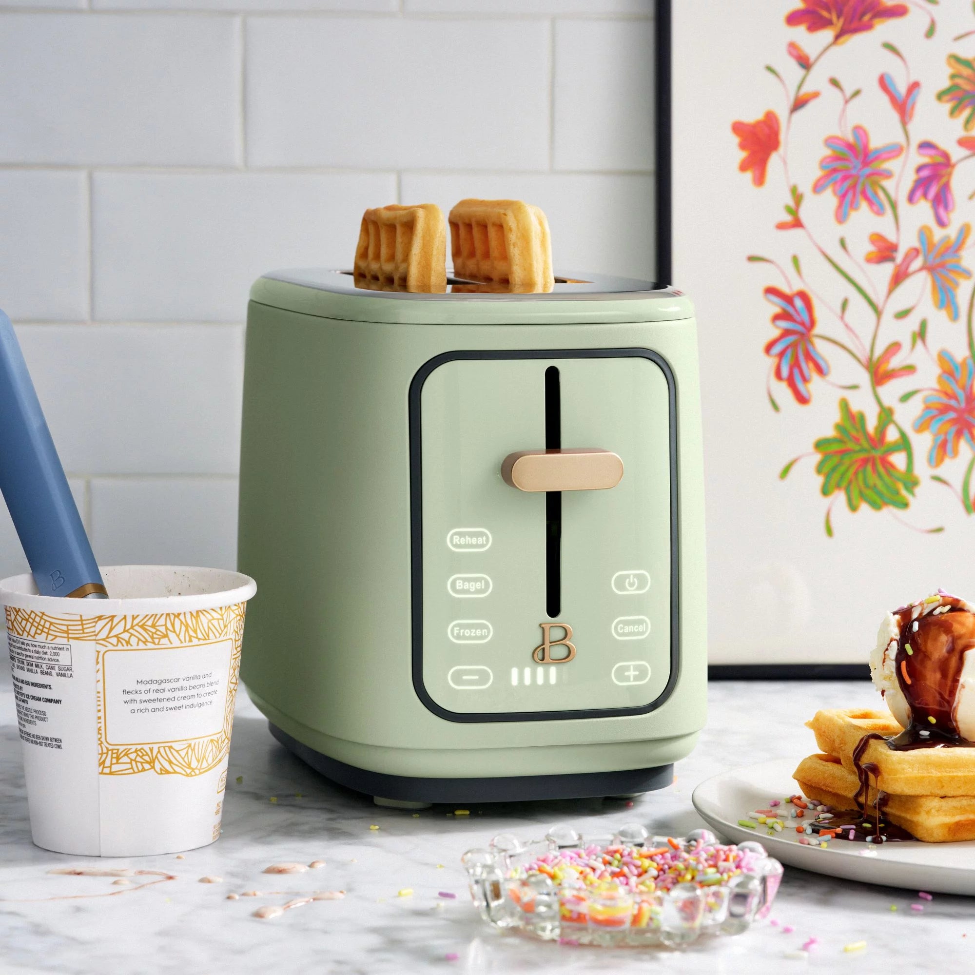 2 Slice Toaster with Touch-Activated Display, Sage Green by Drew Barrymore