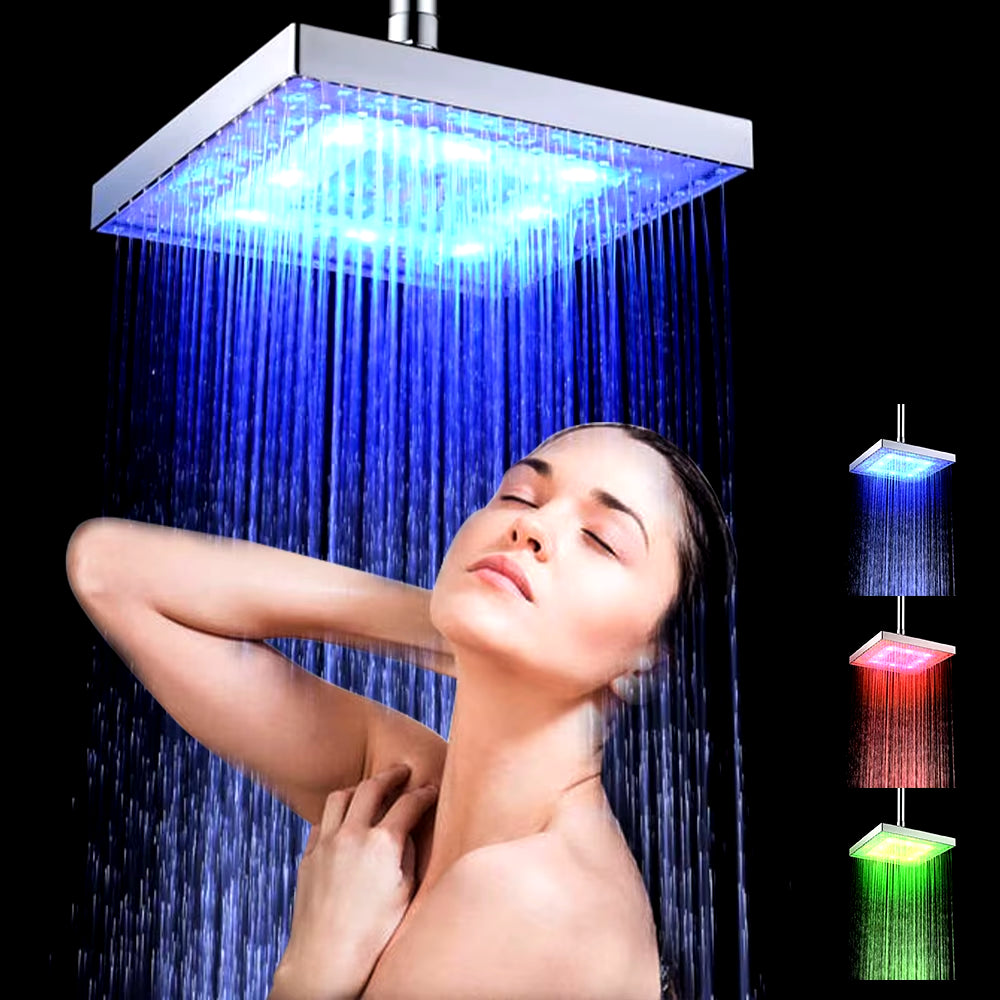 Shower Head LED Rainfall Shower Head Square Shower Head Automatically Color-Changing Temperature Sensor Showerhead for Bathroom