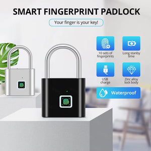 Keyless USB Charging Fingerprint Lock Smart Padlock Waterproof Door Lock 0.2Sec Unlock Portable Anti-Theft Padlock Zinc